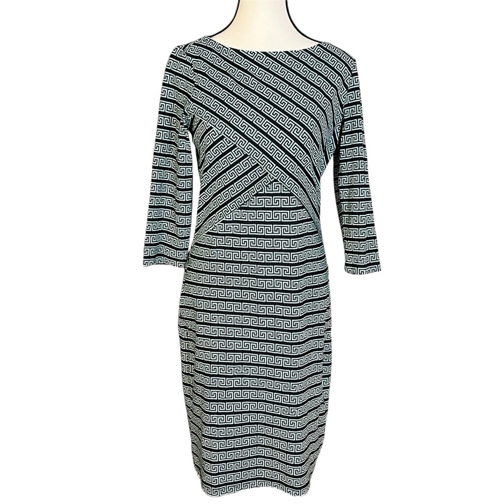J. MCLAUGHLIN Women's NICOLA GEOMETRIC Black/Green Boat Neck Dress Size S Preppy